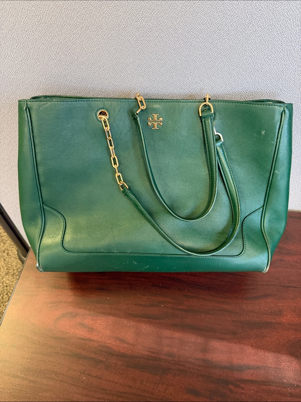 Tory Burch Emerald Green Leather Tote with Gold Chain Accents